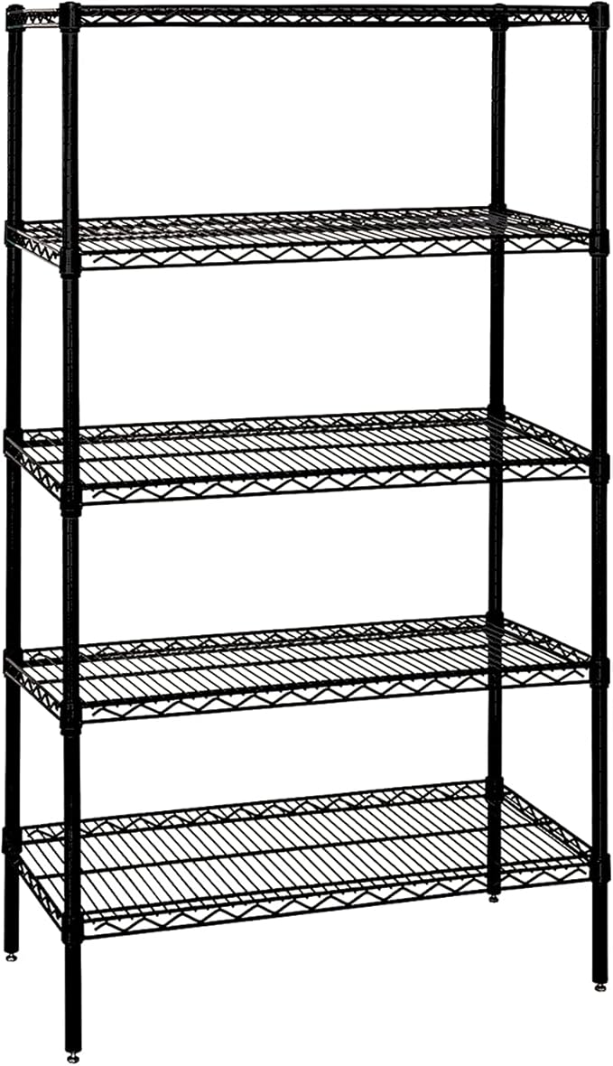 Quantum Storage Systems WR86-1260BK-5 Wire Shelving Starter Kit, 60" W x 12" D x 86" H, 600 lbs Capacity, Carbon Steel, Epoxy Coated, Black, NSF