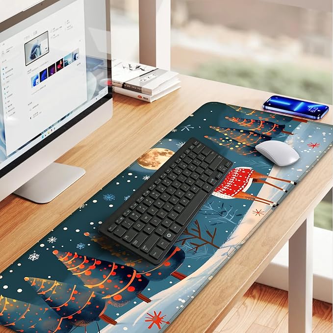 Christmas Reindeer Mouse Pad– Large Extended Desk Mat with Holiday Winter Snow Scene, Non-Slip Base Keyboard Pad for Home Office, Gaming, Workstation,31.5 x 11.8 in
