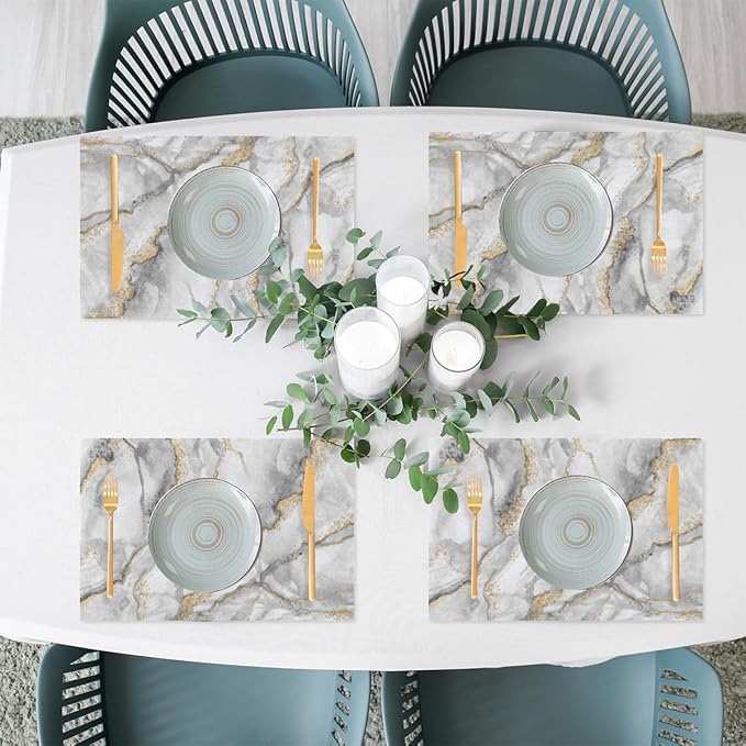 Placemats Set of 4 Heat-Resistant Rectangle Place Mats Grey Gold Marble Washable Plastic PVC Dining Table Mat Non-Slip Wipeable Woven Vinyl Placemat for Kitchen Patio Table Decor