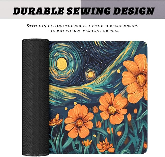 Cat Desk Pad Mouse Pad Mystic Starry Night Floral Modern Art Extended Gaming Mouse Pad Mat with Stitched Edge Non-Slip Base Big Mousepad 31.5"x11.8"