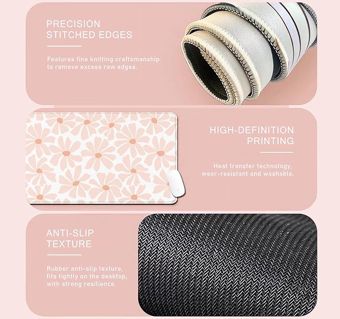Pink Daisy Floral Boho Desk Mat, Girly Aesthetic Extended Large Mouse Pad, Minimalist White Non-Slip Cute Gaming Mousepad for Home Office Decor