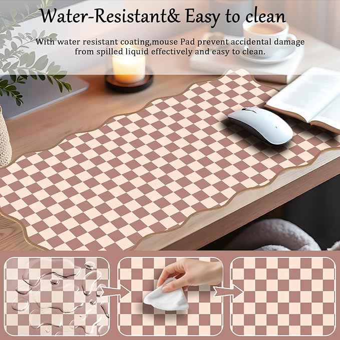 Scalloped Desk Mat Extended Large Cute Mouse Pad Big Desk Pad XXL Aesthetic Kawaii Plaid Mousepad Checkered Mouse Pad for Keyboard Computer Laptop Home Office Accessories Girl 31.5X15.7Inch Brown