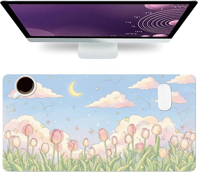 Cute Desk Mat, Kawaii Tulip Large Mouse Pad for Desktop, PU Leather Waterproof Desk Pad, Anti-Slip Computer PC Laptop Protector Gaming Mouse Pads for Office Home Decorations (23.6" x 11.8")