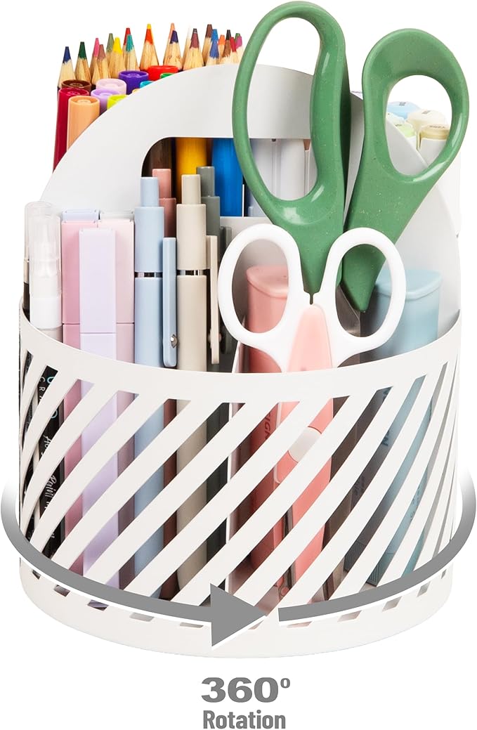 Mind Reader Round Metal Desktop Carousel Organizer with Handle, Four Compartments, Office Supplies and Accessories, Metal, White