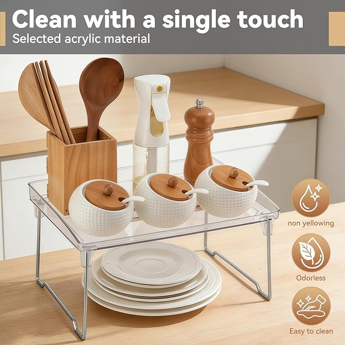 Stackable Cabinet Organizer Shelf, Clear Plastic Countertop Organizer Shelf for Kitchen Cabinet, Spice Rack, Pantry, Bathroom, Desk, 1 Pack