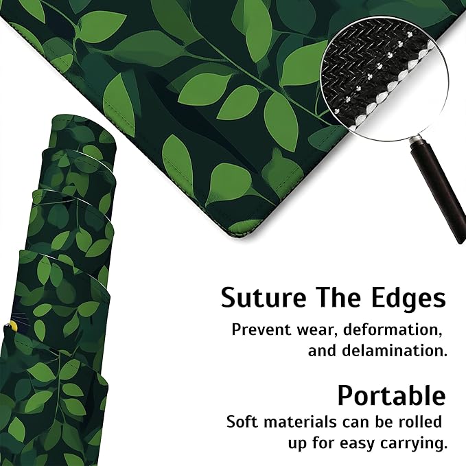 Large Gaming Mouse Pad Black Cat Hide Green Leaves Desk Mat,Non-Slip Rubber Base Stitched Edges,Extended Mousepad for PC,Laptop,Office,Home Decor(31.5 x 11.8 Inch)