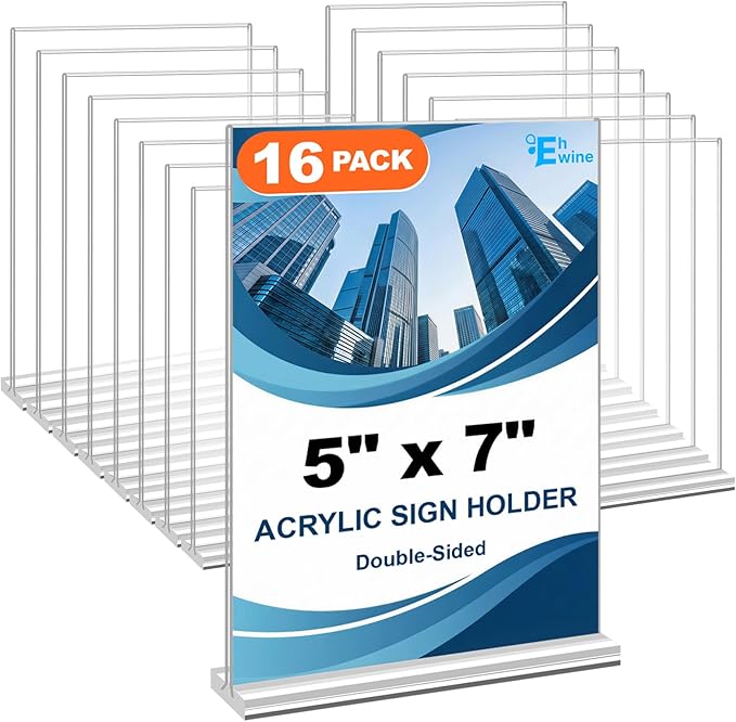 EHWINE 16 Pack Acrylic Sign Holders 5x7 Double-Sided Tabletop Display Stands for Menus Flyers & Signs, Clear Acrylic Picture Frame for Office Business Store & Events