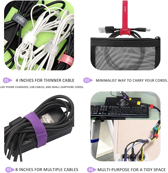 Patu Reusable Fastening Cable Ties - 40 Pcs (20 pcs 4" & 20 pcs 8") Microfiber Cloth Hook and Loop Cord Management Wire Organizer Straps, Assorted Colors