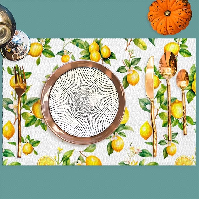 Placemats Set of 4 Heat-Resistant Rectangle Place Mats Tropical Lemon Washable Plastic PVC Dining Table Mat Non-Slip Wipeable Woven Vinyl Placemat for Kitchen Patio Table Decor