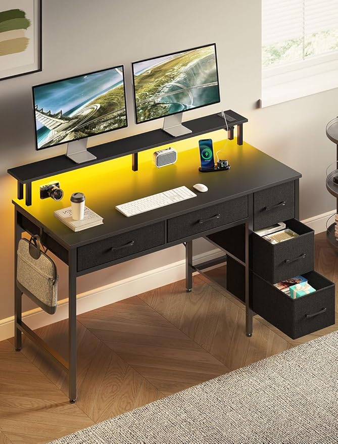 Seventable Computer Desk with Drawers, 55 Inch Desk with Drawers Home Office Desks, Computer Desk Office Desk with Power Outlets & LED Light, Monitor Stand Work Table Black