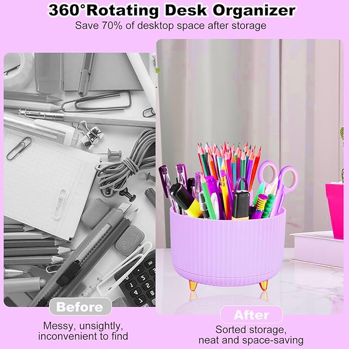 Gawsey Purple Desk Organizers and Accessories Set with 360-Degree Rotating Pen Holder, Tape Dispenser, Stapler, Staple Remover, 1000 Staples, Tape, Clips Set, Ruler, Scissor, Pen