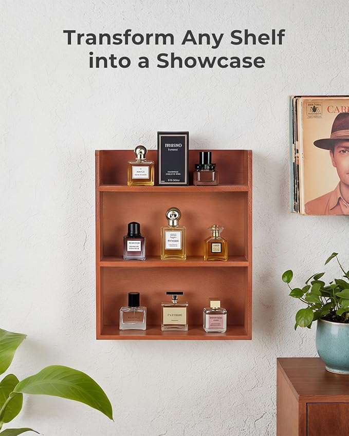 3-Tier Trinket Shelf, 10" x 12" Vintage Display Shelf for Wall or Desk, Small Wooden Shadow Box with Shelves for Collectibles, Mini Figures, Perfumes & Essential Oils, Brown