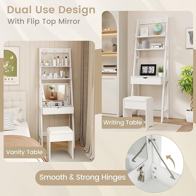 CHARMAID Small Vanity Desk with Mirror, Ladder Makeup Vanity Table with Flip top Mirror, Open Shelves, Hidden Storage Compartments, Compact White Bedroom Dressing Table with Stool for Small Space