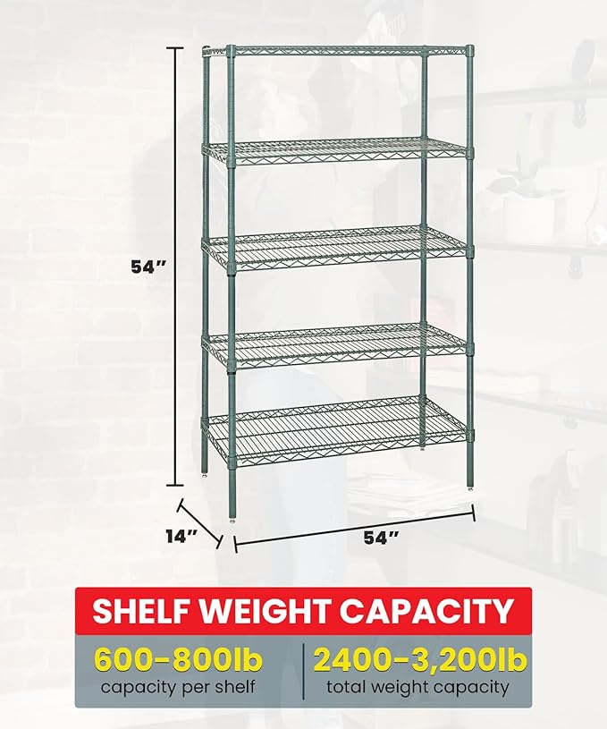 Quantum Storage Systems WR54-1454P-5 Wire Shelving Starter Kit, 54" W x 14" D x 54" H, 600 lbs Capacity, Carbon Steel, Epoxy Coated, Green, NSF