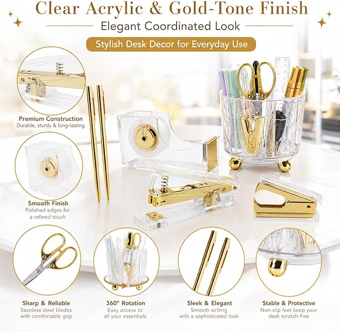 Office Desk Accessories Supplies - 11 Pcs Gold Desk Decor Set with 360-Degree Rotating Pen Holder, Women Cute Aesthetic Office Essentials Kit, Stapler Tape Dispenser, Acrylic Gift for School Home Work