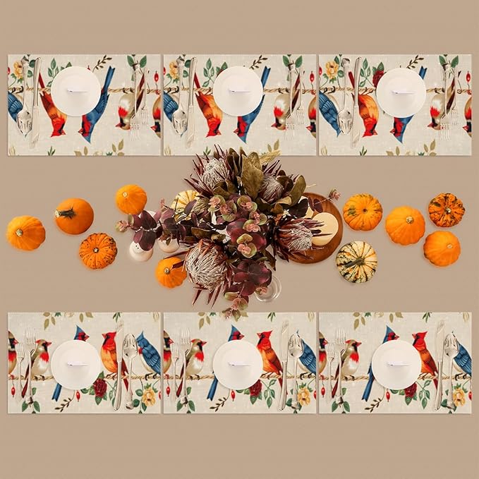 Placemats Set of 4 Heat-Resistant Rectangle Place Mats Retro Bird Cardinals Washable Plastic PVC Dining Table Mat Non-Slip Wipeable Woven Vinyl Placemat for Kitchen Patio Table Decor