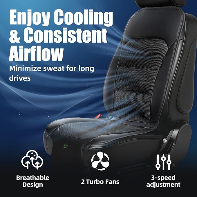Upgraded Cooling Car Seat Cover, Cooling Seat Covers For Cars Trucks, 12V-24V 3-Speed Air Cooled Car Seat Cushion, Universal Fit for Summer Truck SUV Office, Non-slip Breathable 3D Mesh Leather, Black