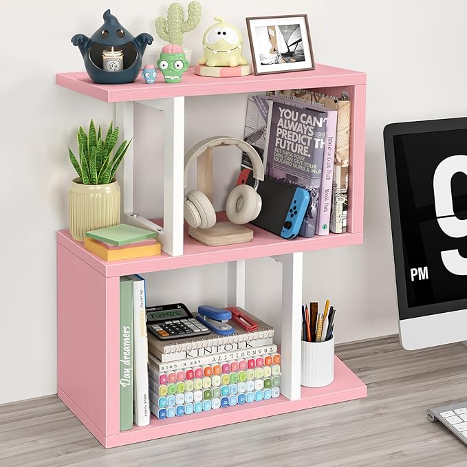 Desktop Bookshelf for Top of Desk Shelf - Pink Book Organizer 3-Tier Shelves Storage Small Bookcase Hutch for Dorm Office College