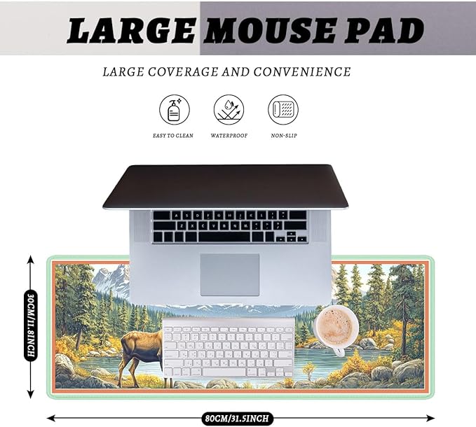 Moose Landscape Mouse Pad, Mountain Lake Gaming Desk Mat Waterproof Stitched Edges Rubber Base Non-Slip Deskmap Computer Keyboard Mat, 31.5x11.8in Desk Home Office Gaming