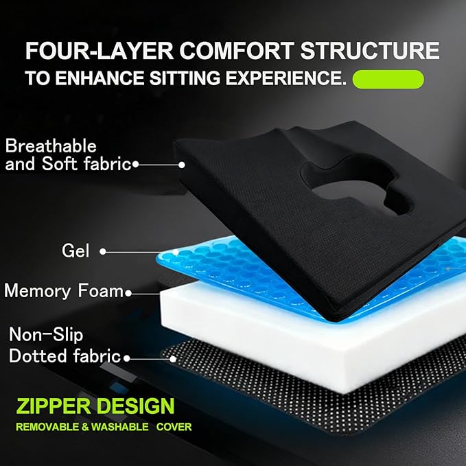 Gel Wheelchair Seat Cushion,Bed Sore Cushions for Butt,hemorrhoid Pillow,Sciatica,Coccyx,Pressure Sore&Ulcer Pain Relief Butt Pillow for Office Chair(Set Black)