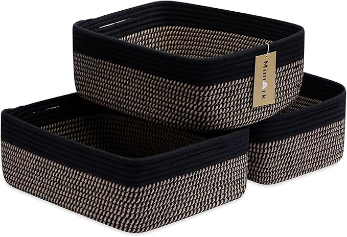 MiniArk Large Shallow Organizing Baskets 15x11x5.1 Inches - Rope Woven Storage Bins for Bathroom, Shelves, Cube Closet, Black Woven Brown 3 Packs