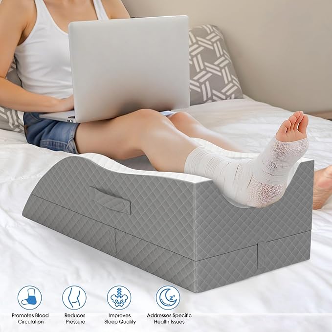 TranquilRelax Elevation Pillows for Leg After Surgery, Memory Foam Adjustable Wedge Pillow for Injury or Rest, Ankle Pillow for Sleeping Blood Circulation, Grey/Double Leg