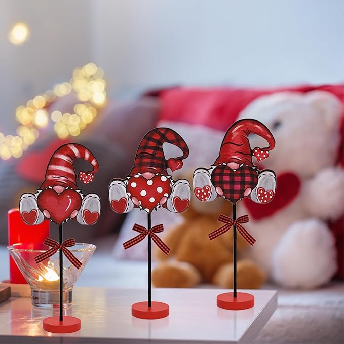 Smile Valentine's Day Gnome - Themed Wooden Block Decor Set with Red Bases and Ribbon Accents, Valentine Indoor Decoration Gift Box