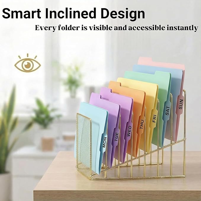 2 pcs Incline File Sorter, 7 Slot Magazine Holder for Letter, Document, Folder and Book, Metal Desktop Organizer Rack for Home, School and Office (2-gold)