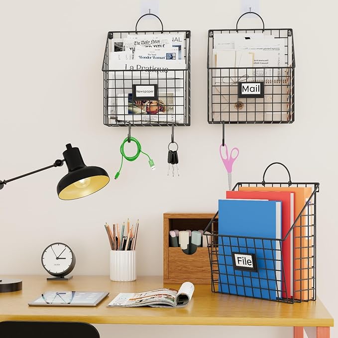 Yuzehuaza Hanging Wall File Organizer Metal Wall Mounted File Holder Folder with Handles and Hooks, Magazine Document Rack, for Home Office or Decor, 3 Packs (Patent Pending)