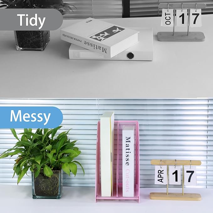 Desk Organizers Metal Magazine File Holder Racks Desktop Folder Storage Binder Organiser Document Organization for Home Office & Classroom,2 Vertical Compartments-Pink