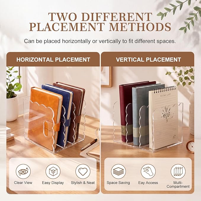 Suzile Scalloped Acrylic Magazine File Holder, 3-Compartment Clear Desk Organizer Vertical Bookends Organization for Office, Binders, Documents, Tablets, Magazines, Books(6.69 x 7.48 x 6.3 Inches)