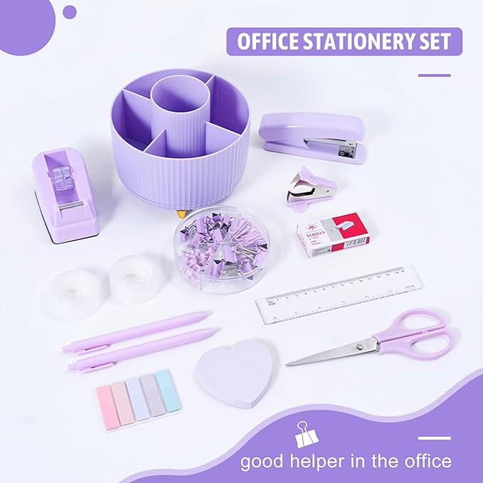 Ovatt Purple Office Desk Accessories, 15pcs Office Supplies 360°Pen Holder Desk Organizers and Accessories with Purple Stapler and Tape Dispenser Set, Cute Desk Accessories for Women Gift Set