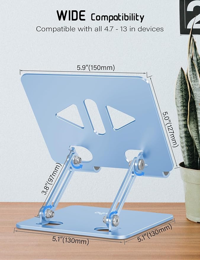 Aoviho Tablet Stand Holder for Desk, Adjustable Aluminum Desk Accessories, Stable Desktop Stand for Office Home,Compatible with iPad Pro Air Mini, Samsung Tablets,Sky Blue
