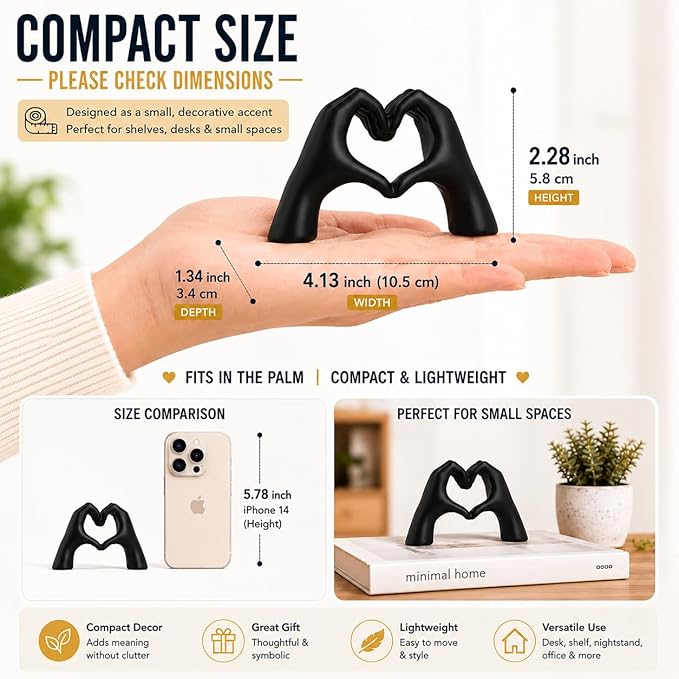 Black Decor Living Room – Mini Small Heart Hands Sculpture – Shelf Decor Aesthetic – Cute Home Accent Table & Shelves – Love Statue - Gifts Girlfriend, Wife, Women, Teen Girls, Valentine (Black, Mini)