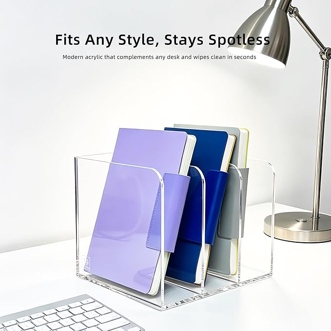 3-Slot Clear Acrylic Magazine File Holder – Vertical Desk Organizer for Books, Folders & Tablets, 8.97×7.48×6.69 Inches
