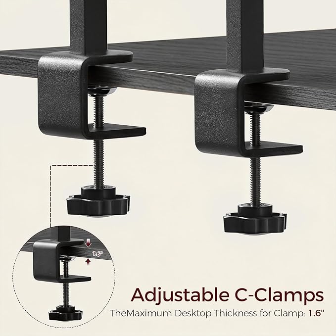 MAHANCRIS Clamp on Desk Shelf, 2 Tier Desk Storage Organizer, Desktop Bookshelf with Hooks and Divider, Desk Accessories for Study and Gaming Room, Black DSBK4501