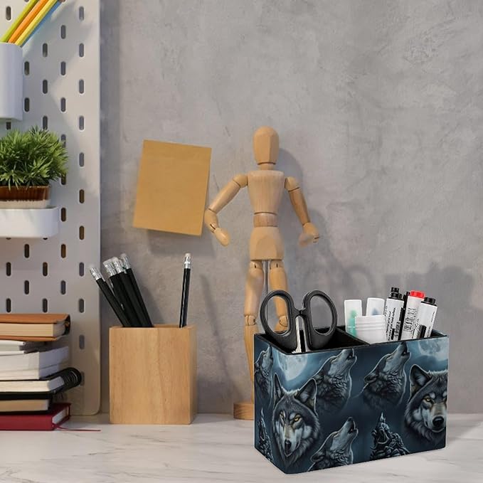 Rectangle Pen Holder Desk Organizer Full Moon Wolf, Efficient Stationery Storage Solution