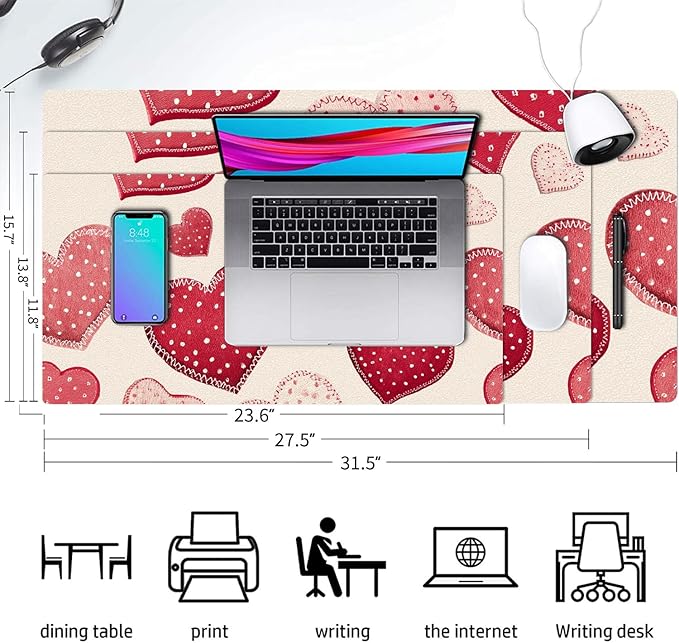 Valentine Desk Mat, Cute Love Heart Large Mouse Pad for Desktop, PU Leather Waterproof Desk Pad, Computer PC Laptop Protector Gaming Mouse Pads Valentine's Day Gifts for Her Him (23.6" x 11.8")