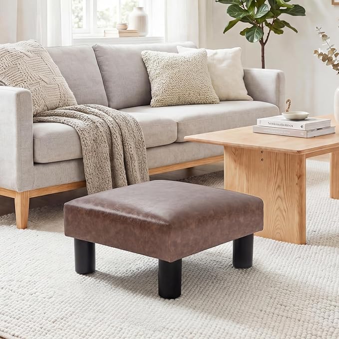 Joveco Small Footstool Ottoman Upholstered PU Leather Square Footrest Ottomans Small Foot Rest for Desk Couch Living Room Bedroom Office (Brown)