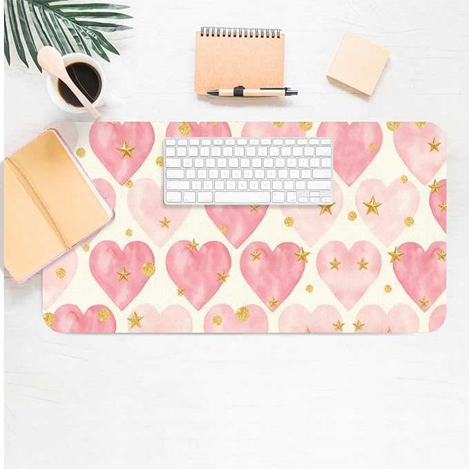 Valentine Desk Mat, Pink Heart Large Mouse Pad for Desktop, PU Leather Waterproof Desk Pad, Computer PC Laptop Protector Gaming Mouse Pads Valentine's Day Gifts for Her Him (31.5" x 15.7")