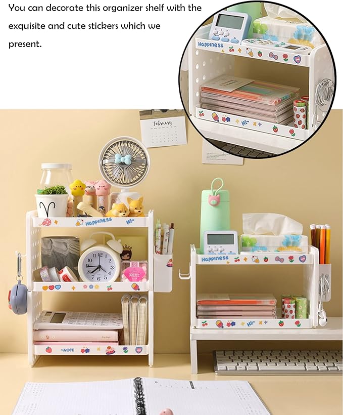 Lae Nuvole Desktop Organizer Shelf Stationery Organizer with Pen Holder Office Desktop Storage Rack Combinable Organization and Storage for Desk, Office, Countertop, Dorm (White, 2 Tier)