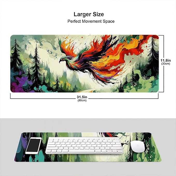 Phoenix Gaming Mouse Pad Fantasy Bird Colorful Ink Splash Art XL Mouse Pad Large Mousepad Extended Laptop Keyboard Mat Gaming Desk Pad Mouse Mat 31.5"x11.8" Office Home Decor for Women Girl