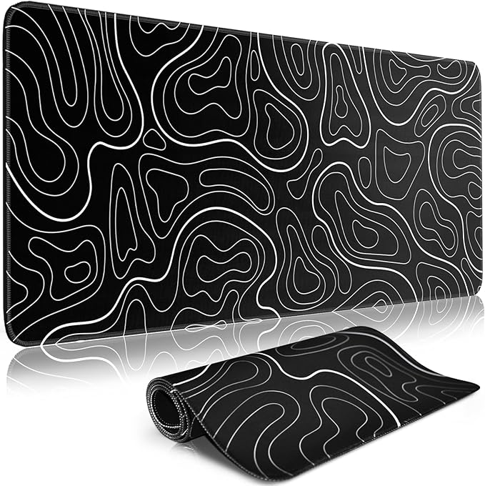 Gaming Mouse Pad Big Mousepad with Non-Slip Rubber Base, 31.5 x 11.8 in XL Large Desk Mat for Gaming Home Office, Long Keyboard Pad Mouse Mat for Computer with Stitched Edges, Black Topographic
