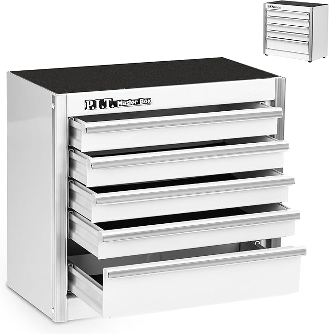 P.I.T. Mini Tool Box 8.6"W X 4.6"D, Portable 5-Drawer Micro Steel Stackable Toolbox with Liner, White Cute Tool Case for Small Tools Parts Storage, Home DIY