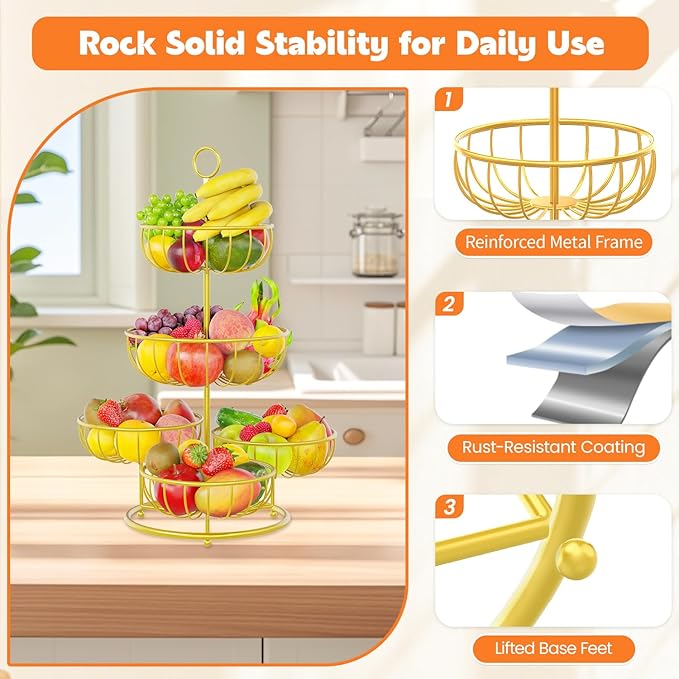 PouHenier.jh 5 Tier Fruit Basket Stand for Counter, Kitchen Tall Tiered Fruit Bowl Organizer for Dining Table Countertop, Multi Level Fresh Produce and Vegetable Holder Rack, Sturdy Metal Wire, Gold