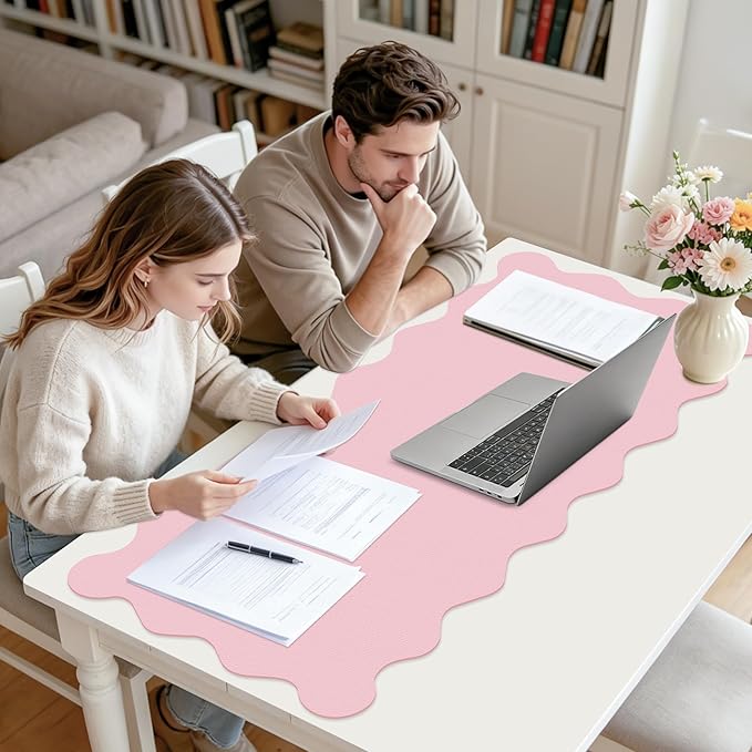 Scalloped Pink Desk Mat, 23.6" x 11.8" Waterproof Large Desk Mat, Non-Slip Computer Mouse Pad and Keyboard Mat, Pink Cute Desk Mat for Office, Work, Home, or Vanity