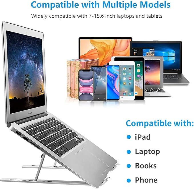 Laptop Stand for Desk, Adjustable 7-Level Aluminum Riser, Ergonomic Notebook Holder, Portable Foldable Laptop Stands Travel for 10-17” Laptops, MacBook, Notebook (Silver)