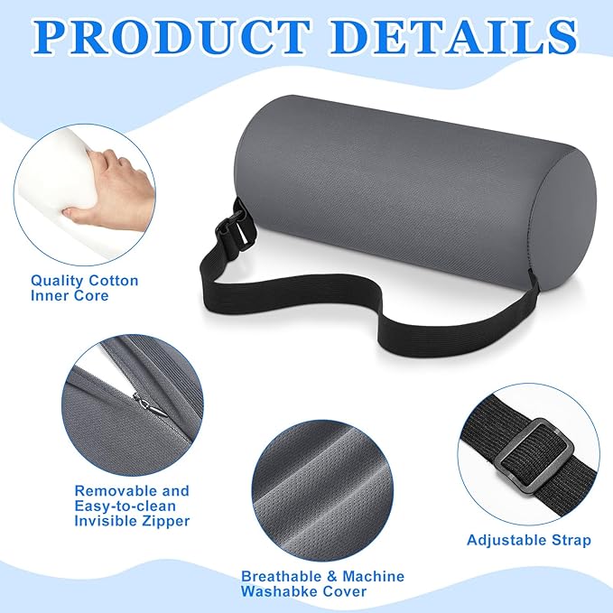 Wenqik 2 Pcs Lumbar Roll Support Pillow Low Back Lumbar Support Office Seat Cushion with Adjustable Strap and Washable Cover for Travel Gaming Chair Car Seat Pain Relief(Grey)