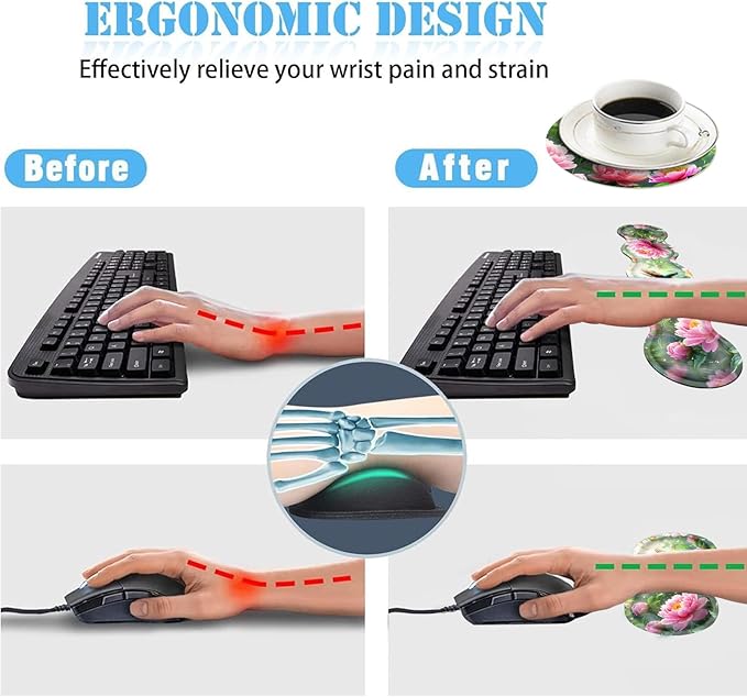 Ergonomic Mouse Pad Set with Wrist Support for Keyboard and Wrist Rest for Mouse, Memory Foam Comfort, Non-Slip Large Desk Mat for Home Office Pain Relief,Bird Pink Flower