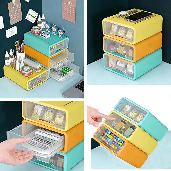 Plastic Desktop Drawer Organizer, Small 3-Tier Stackable Storage Drawers, Mini Desk Organizer for Office Stationery Makeup Vanity Supplies